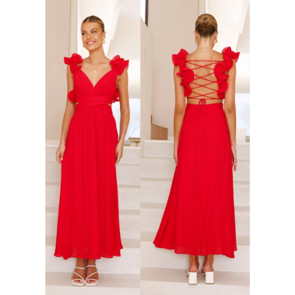 Billy J Galilhai Ruffle V-Neck Side Cutout Maxi Dress Red Women's AUS 6 / US 2